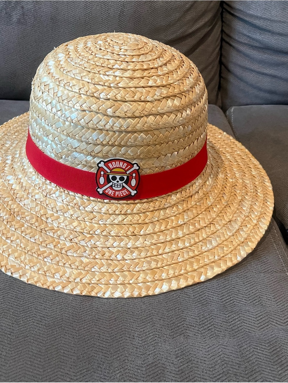 Onepiece Kids Straw Sun Hat with Red Band and Pirate Emblem